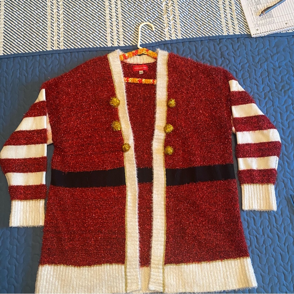 Christmas Cardigan Sweater Tinsel Red White Gold Black Mrs. Clause Holiday Party